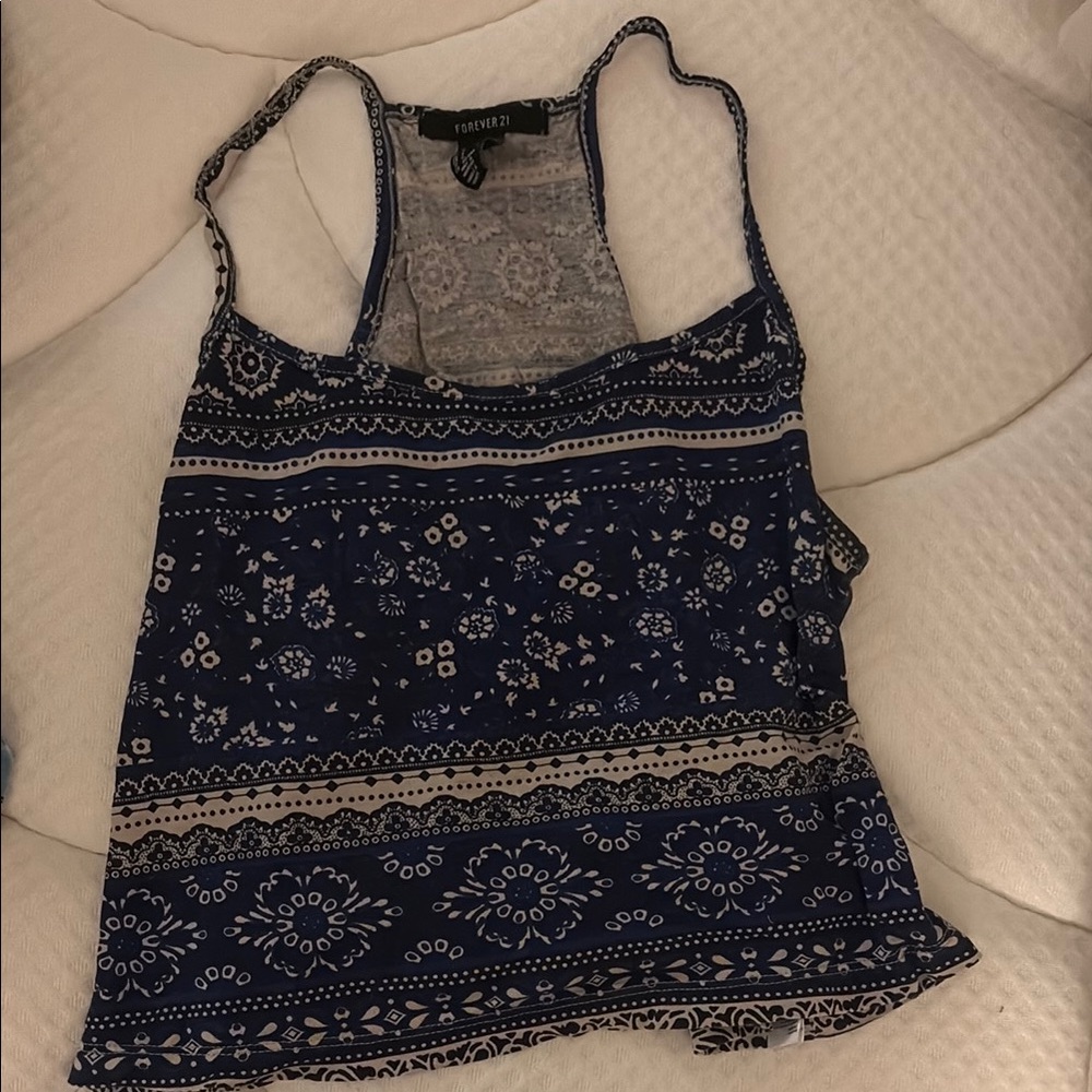 Forever 21 Navy and Cream Patterned Tank Top